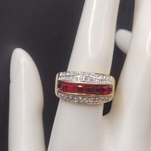 Vintage Gold Tone Ladies Cocktail Ring Simulated Rubies And Diamonds Size 8